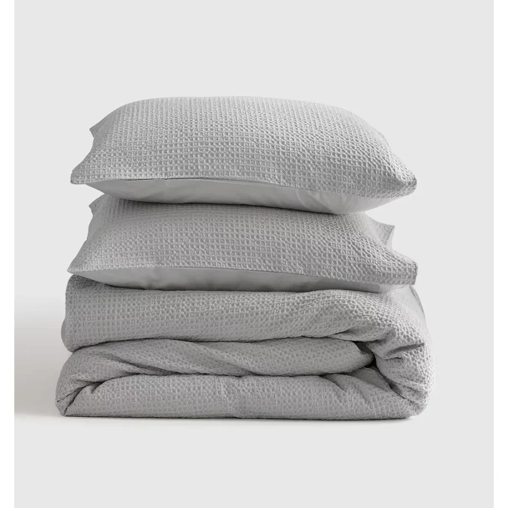 Quince Organic Luxe Honey Comb Duvet Cover Set Full/Queen Light Gray w/ Shams